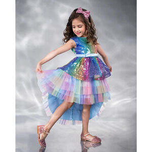Girls Sequin Party Dress Rainbow Ombre, Fit n Flare, Hi-Low, Birthday Age 7/8/9